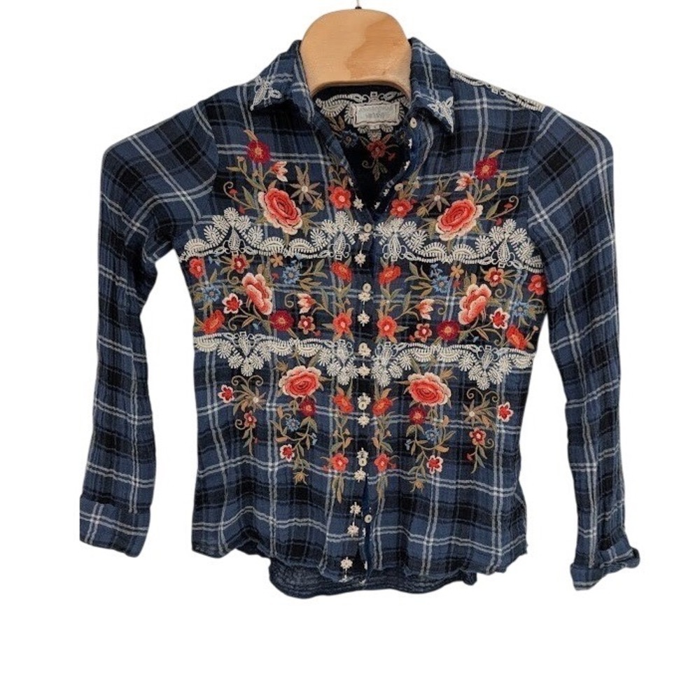 Johnny Was Women's Plaid Floral Long Sleeve Shirt Button down Embroidered sz S